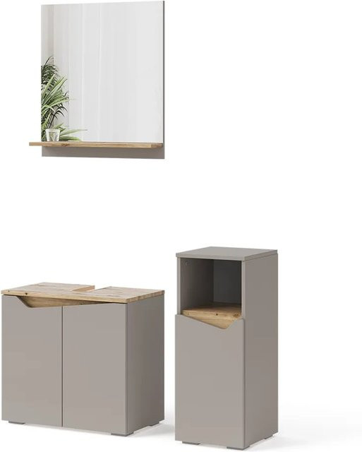 Vicco Badmöbel-Set Marelle in Greige Eiche, 3-teilig mit Waschbeckenunterschrank und Midischrank - Bild 2