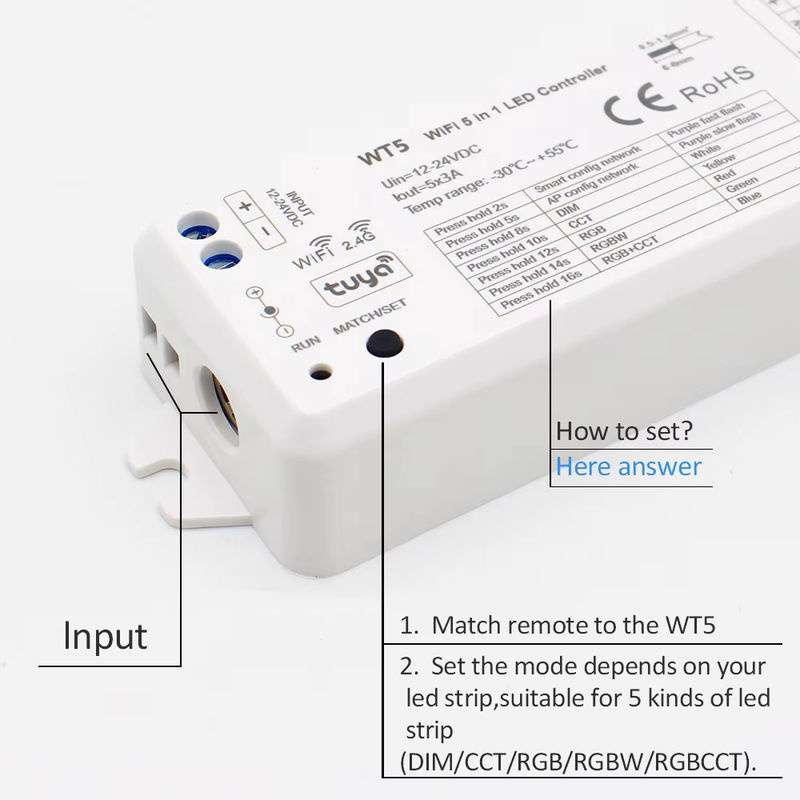 MJJC Tuya Smart Life LED RGBCCT Controller 5 in 1 Dimmer für DC 12V 24V mit 2,4G RF Wireless Remote Control und Alice WT5 Kompatibilität - Bild 3