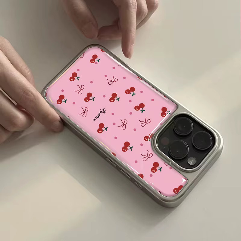 DecoPhone Stoßfeste Hydrogel-Handyhülle mit Kirschschleife und Silberrand für iPhone 17 16 15 14 Pro Max in Pink - Bild 2