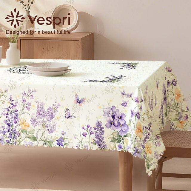 Vespri Frühlingstischdecke mit Blumenmuster in Weiß und Lila aus Polyester - Bild 1