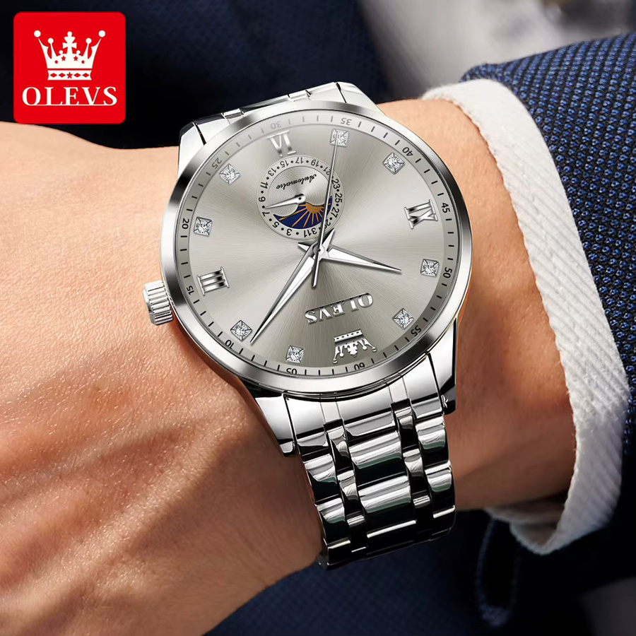 OLEVS Armbanduhr, Automatik, Edelstahl, Silber, Diamant, Mondphase, Herren - Bild 5