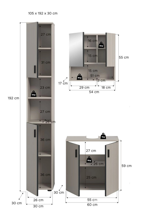 3-teiliges Badmöbel Set Livia von Inn.Furn in Kaschmir, bestehend aus Waschtischunterschrank, Spiegelschrank und Hochschrank, Breite: 105 cm - Bild 3
