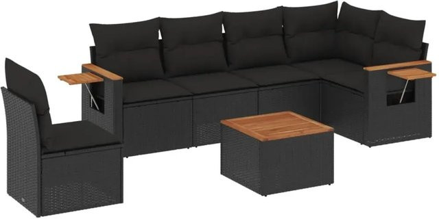 vidaXL 7-teilige Garten-Sofagarnitur in L-Form aus Poly-Rattan und Akazienholz mit Kissen in Schwarz - Bild 1