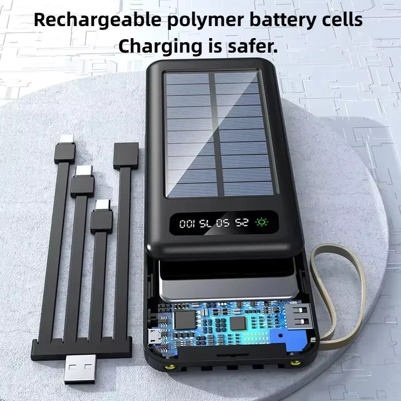 Solar Power Bank mit 50000 mAh Kapazität und Schnellladung, tragbare Powerbank mit integrierter Taschenlampe und 4 Kabeln, erhältlich in Schwarz oder Weiß - Bild 4