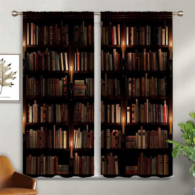 2er-Set Yiran Furniture Vorhänge mit Bücherregal-Print im Vintage-Design, Polyester, Braun, Breite: 50 cm, Höhe: 160 cm - Bild 1