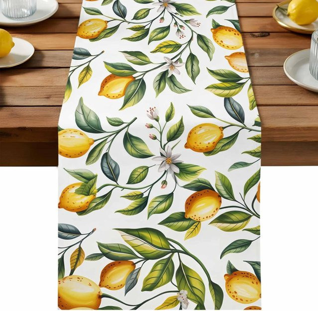JINGYUE Pet Tischläufer aus Leinen mit Sommer-Zitronen- und grünen Blättern, Weiß-Grün, B/H: 33 x 150 cm - Bild 1