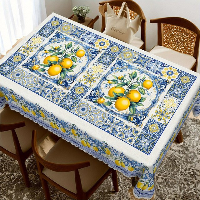 Rechteckige Tischdecke von JINGYUE Pet mit Zitrone- und Blumenmuster in Gelb, Blau und Weiß, B/T: 100 x 160 cm - Bild 1