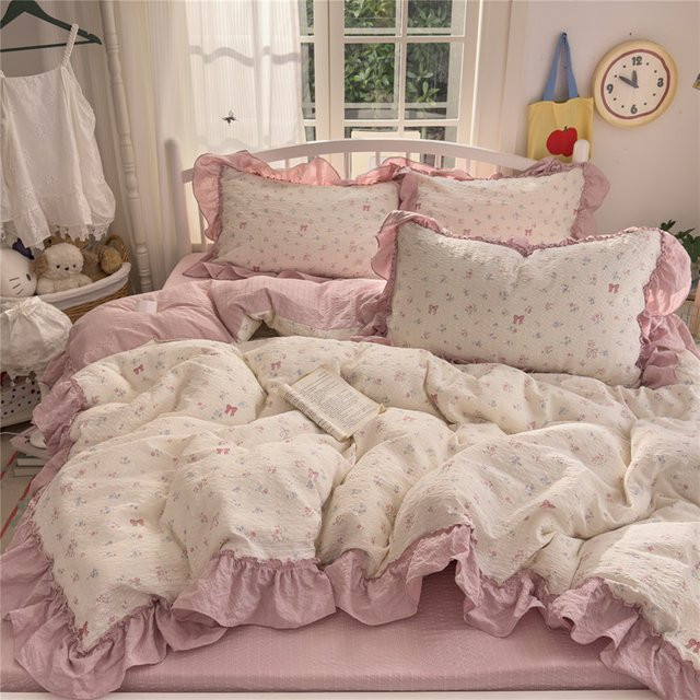 Gooogos Bettwäsche-Set im koreanischen Prinzessinnen-Stil mit Rüschen und floralem Design, Farbe: Pink, B/H: 150 x 200 cm - Bild 1