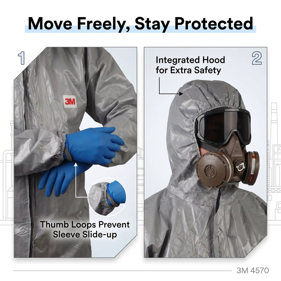 3M 4570 Schutzanzug Grau Chemikalienbeständiger HAZMAT-Anzug Typ 3/4/5/6 mit Kapuze - Bild 3