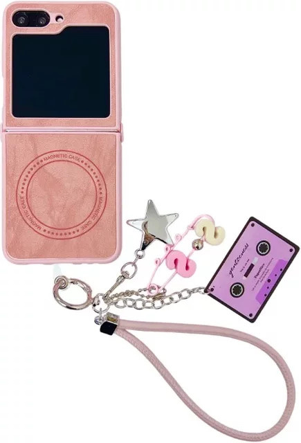 Samsung Handyhülle mit Sternen aus PU-Leder für Galaxy Z Flip 7, FE 6, 5, 4, 3 – Magnetisch, kabelloses Laden und Handschlaufe in Grau oder Pink - Bild 1