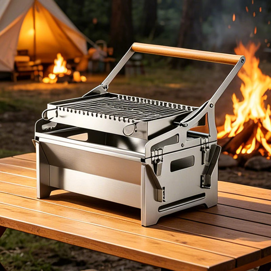 Tragbarer Holzkohle-Tischgrill aus Edelstahl in Silber mit 360-Grad-Drehung, B/T/H: 40,0 x 39,0 x 28,0 cm - Bild 2