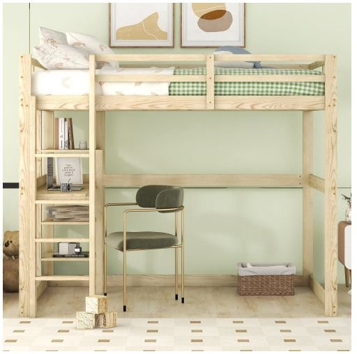MUVOE Hochbett aus Massivholz mit integriertem Schreibtisch und 4 Stauräumen, Farbe Natur/Braun, B: 140 cm, L: 200 cm - Bild 1
