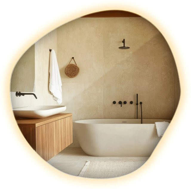 Tulup LED-Lichtspiegel in Weiß und Beige, asymmetrischer Wandspiegel im modernen Industriestil für dein Badezimmer, B/H: 87 x 86 cm - Bild 1