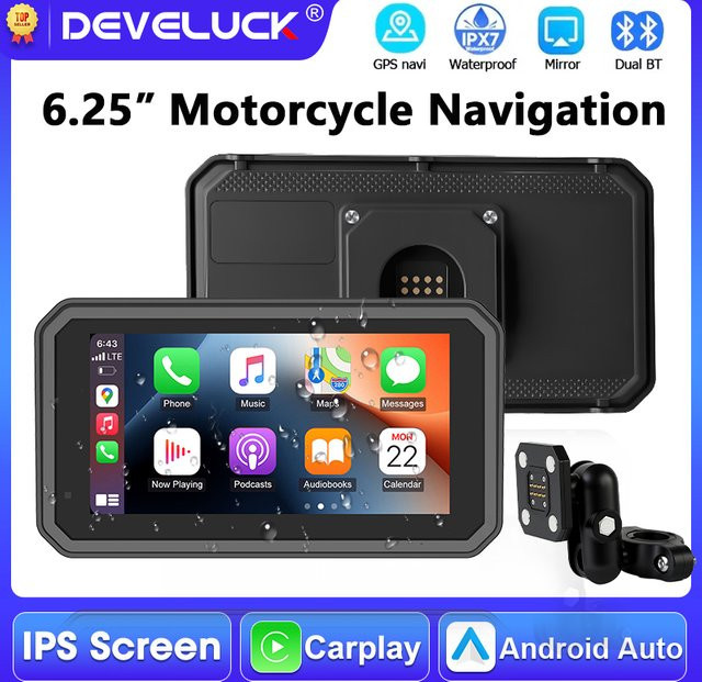 Develuck 6,25 Zoll Motorrad GPS Navigationssystem mit kabellosem CarPlay und Android Auto, IPX7 wasserdicht, Dual Bluetooth, Schwarz - Bild 1