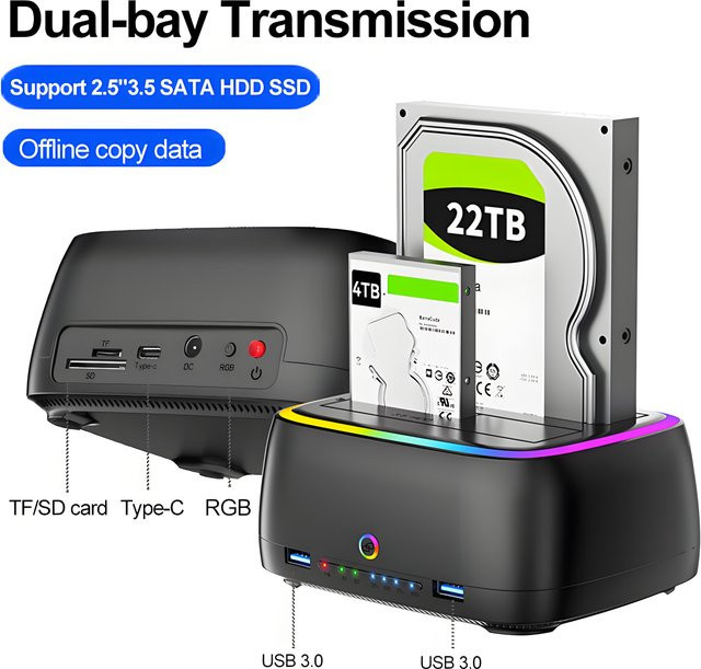 Kebidu 7-in-1 Dual-Bay Festplattenstation USB 3.0 SATA HDD-Dockingstation für 2,5 und 3,5 Zoll HDD/SSD mit Offline-Klon-Funktion und TF/SD-Kartenleser, Schwarz - Bild 1