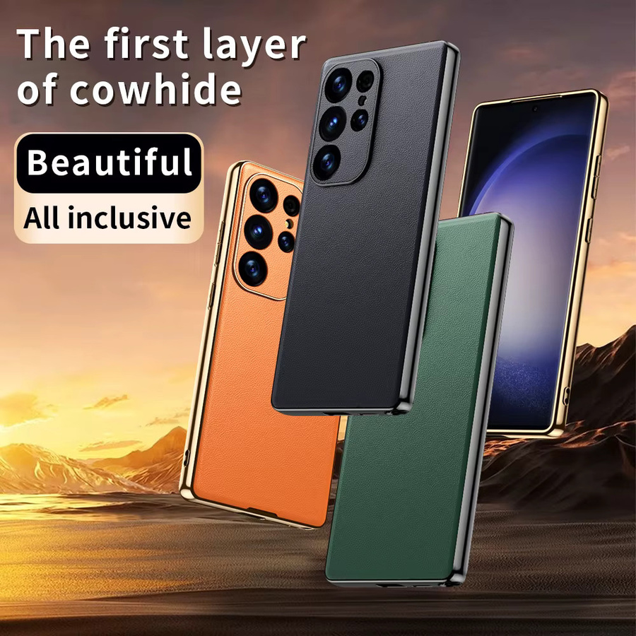Luxuriöse Leder-Handyhülle für Samsung Galaxy S25 S24 S23 S22 Ultra Plus in Orange mit plattierten Kanten und Kameraschutz - Bild 3