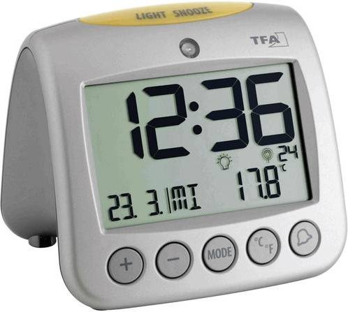 TFA Dostmann Funk Wecker Digital Silber mit Datum, Wochentag und Innentemperaturanzeige - Bild 1