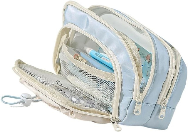 Mehrschichtiges Federmäppchen aus Canvas in Blau als Organizer für Stifte und Make-up - Bild 1
