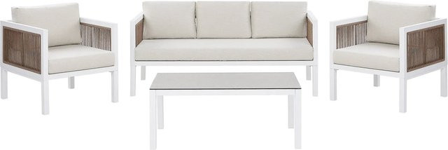 Beliani Sitzgruppe BORELLO im Boho-Stil mit 3-Sitzer Sofa, Lounge-Sessel und Couchtisch, Farben: Weiss, Braun, Beige, H x B x T: 66 x 159 x 70 cm - Bild 1