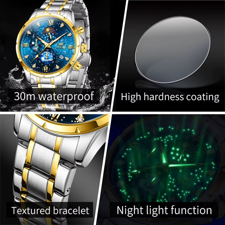 OLEVS Chronograph, Edelstahl, Bicolor, Blau, Herren - Bild 5