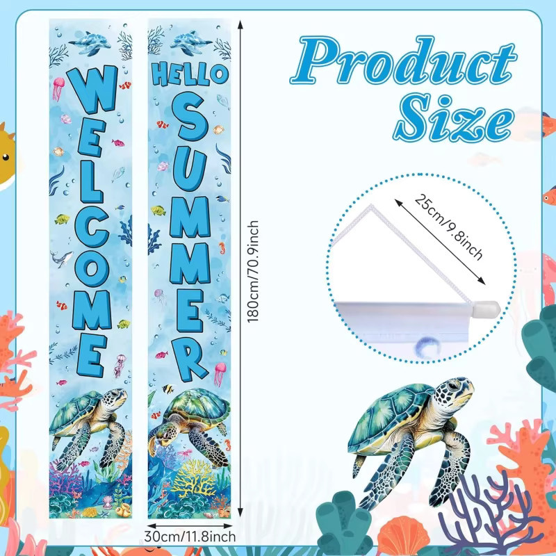 VIKAMA Willkommens-Sommer-Türbanner mit Schildkröte und tropischem Design, mehrfarbig, B: 30,0 cm, H: 180,0 cm - Bild 2