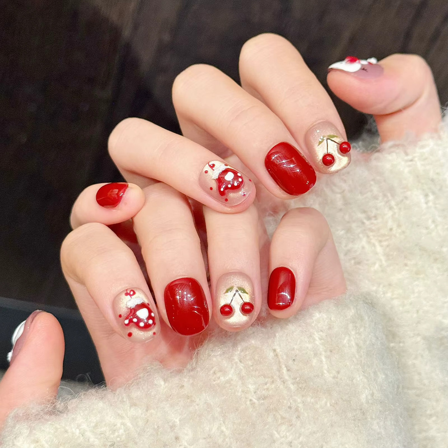 YADORNOS Kunstnägel, Schneemann und rote Beere, kurz, oval, glitzernd - Bild 2