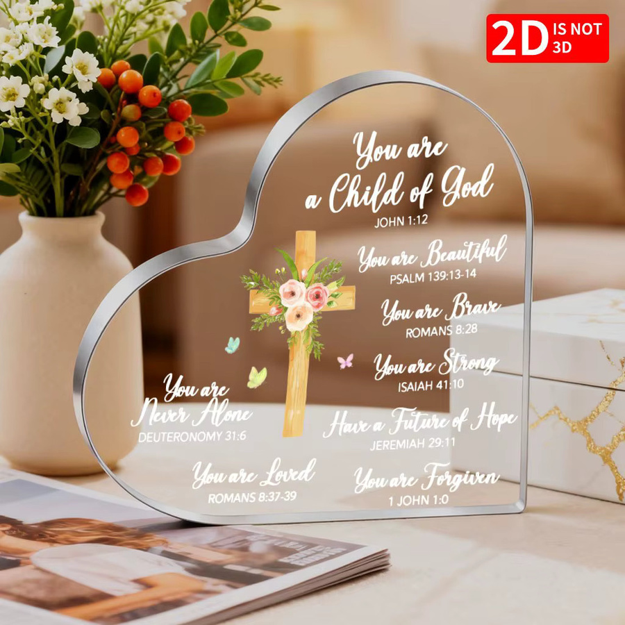 CIFBUY Herzförmiges Acryl-Schild mit Kreuz und Blumen in Transparent und Weiß als Tischdekoration - Bild 4