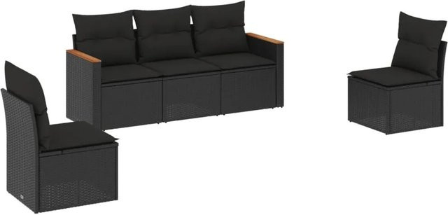 vidaXL 5-tlg Garten-Sofagarnitur in L-Form aus Polyrattan und Akazienholz mit Kissen, Schwarz - Bild 1