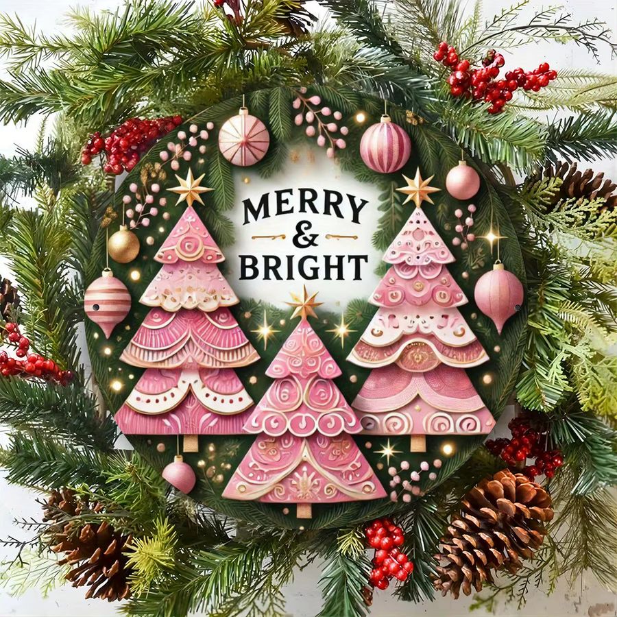 Potdemiel Metallschildkranz mit Weihnachtsmotiv in Rosa, runde Bauernhausdekoration - Bild 4