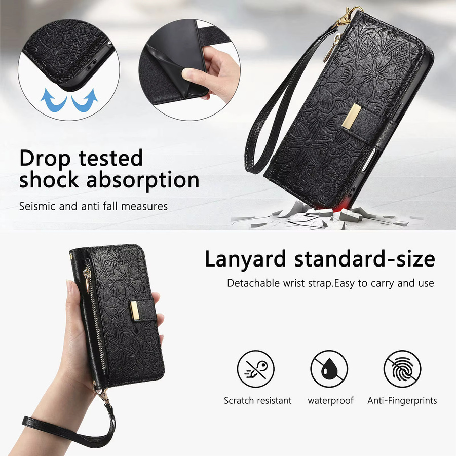 Blumenmuster Handyhülle aus PU-Leder für Samsung Galaxy S25 Plus, S24, S23 Ultra, S22 und S25 Plus als Flipcase-Geldbörse mit Kartenfach, Reißverschluss und Lanyard in Schwarz - Bild 3