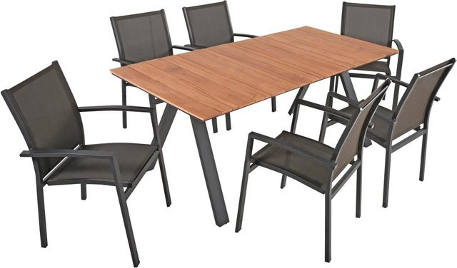 DELUKE Garten-Sitzgruppe GEORG 7-teilig aus Teakholz in Dunkelgrau mit Esstisch und Stapelstühlen - Bild 1