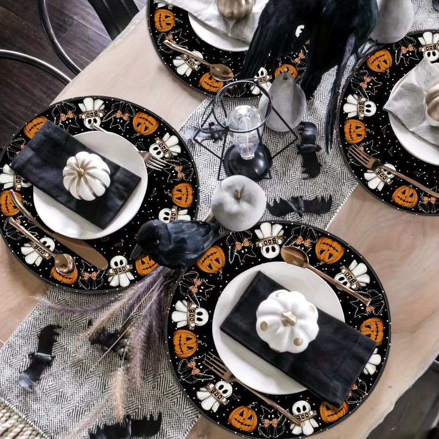 VIKAMA Halloween Tischsets mit Geister- und Kürbis-Motiv, 4/6-teiliges Set aus Leinen, Schwarz, Rund - Bild 3