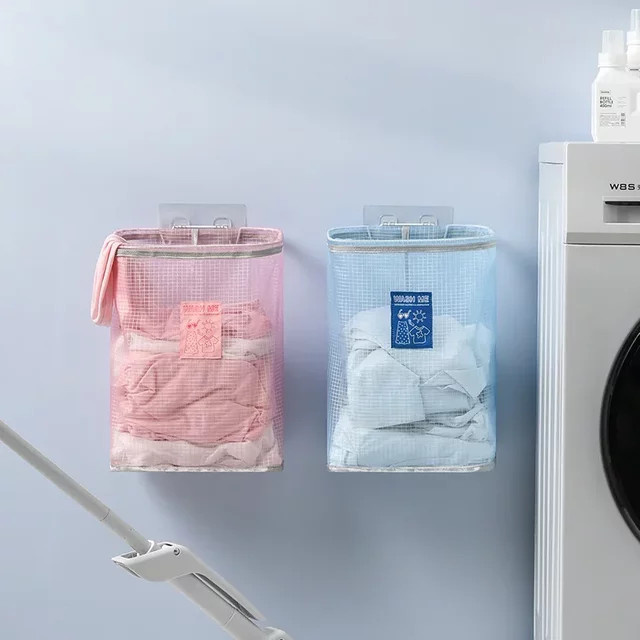 Wandmontierbarer faltbarer Wäschekorb aus Mesh für das Badezimmer in Blau - Bild 1