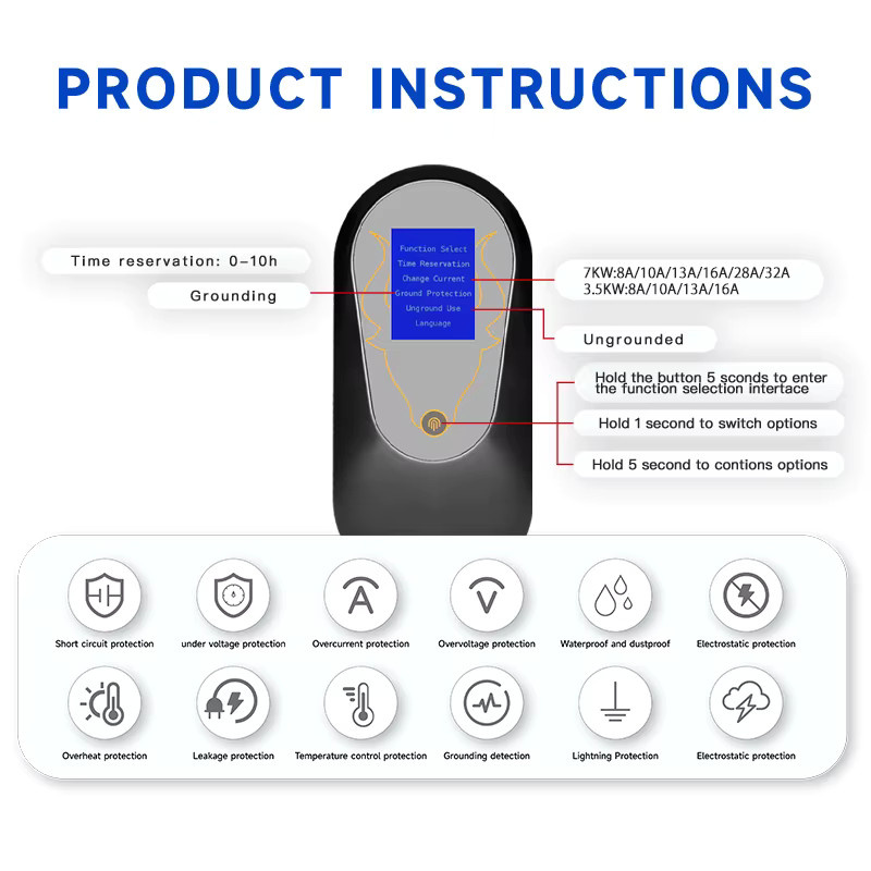 JIGU Tragbares EV-Ladegerät Level 2, 3,5 kW, 16 A, Typ 2, Schwarz, mit US/UK-Stecker für Elektrofahrzeuge im Außenbereich - Bild 3