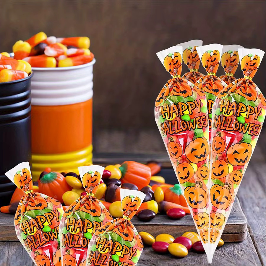 100 Stück transparente Zellophan-Leckerlibeutel mit Kürbis-Design für Halloween von JXB - Bild 3