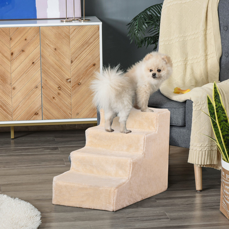 Aosom PawHut 4-stufige Haustiertreppe mit abnehmbarem Bezug aus Plüsch in Beige, B/T/H: 60 x 35 x 44 cm - Bild 2