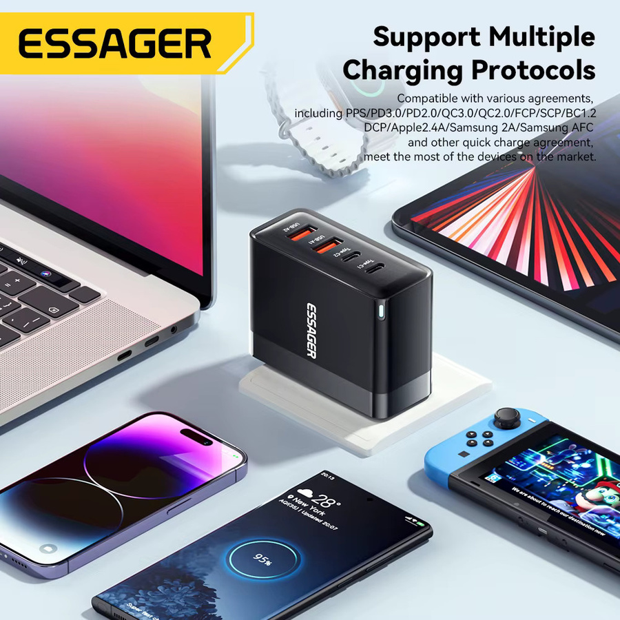 Essager 100 W GaN USB Typ C Ladegerät mit PD Schnellladung, Schwarz, US/KR Stecker für Laptop, MacBook, iPhone und Samsung - Bild 2
