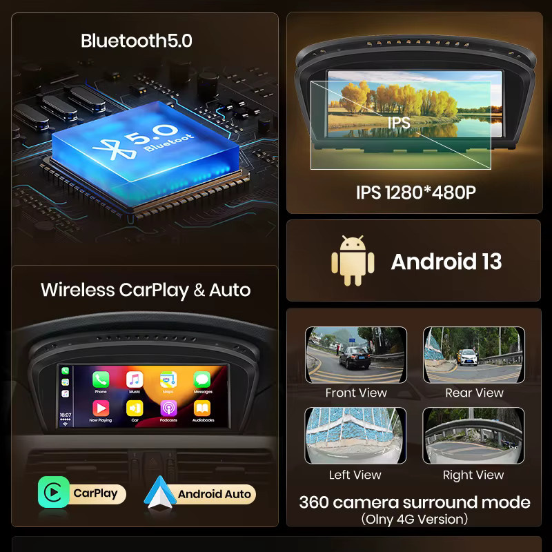 Junsun 4G Wireless Apple CarPlay und Android Auto Autoradio für BMW 3er E60 E61 E63 E64 und 5er E90 E91 E92 E93 (2004-2012) mit CCC, Schwarz - Bild 2