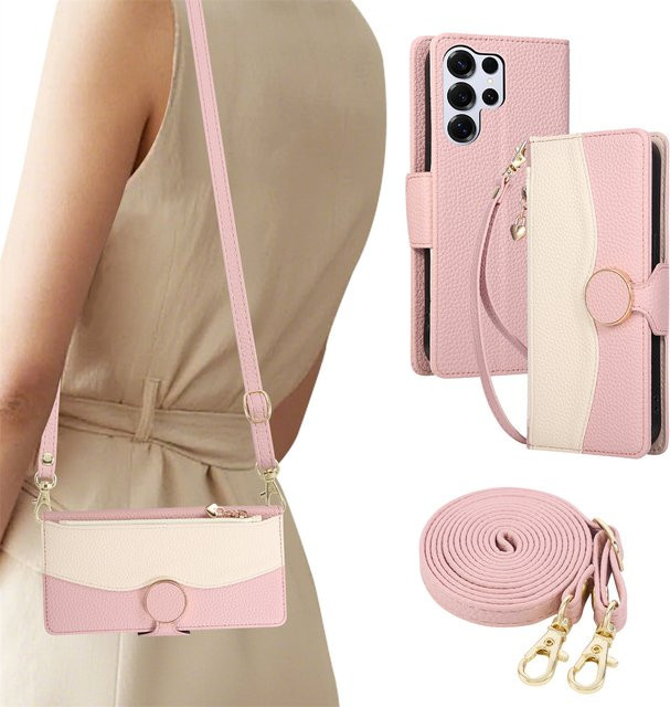 Leder Handyhülle mit Handgelenkriemen und Reißverschluss als Crossbody Brieftasche und Kartenetui für Samsung Galaxy S25 S26 S24 Ultra S23 S22 Plus S21 FE Note 20 in Beige und Pink - Bild 1
