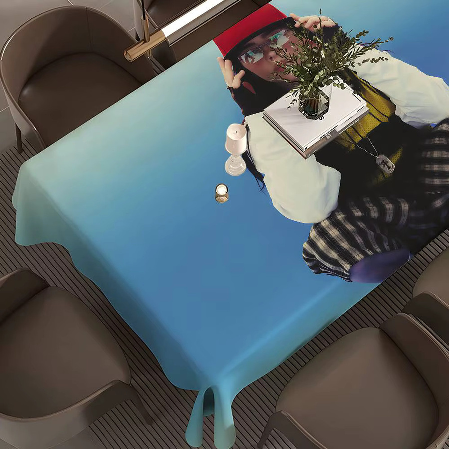 B-Billie E-Eilish Wasserabweisende Tischdecke aus Leinen in Blau, Rechteckig mit Grafikdesign für Hochzeit und Heimdekoration - Bild 6