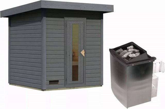 Karibu Saunahaus HYTTI 2 aus nordischer Fichte in Terragrau mit 9.0 kW Ofen und integrierter Steuerung, B/T: 196 x 196 cm - Bild 1