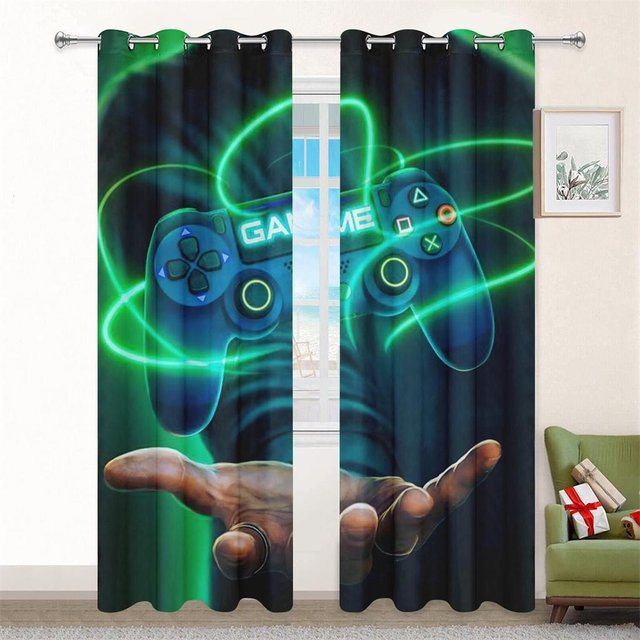 Cartoon Game Griff 3D Vorhänge im Punk Stil, 2er Set blau, B: 50 cm, H: 130 cm - Bild 1