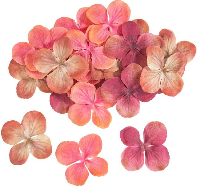 Künstliche Hortensien-Stoffblüten in Peach und Orange aus Polyester - Bild 1