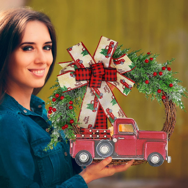 TOMTOP JMS Künstlicher Weihnachtskranz mit rotem Lastwagen in Landhaus-Stil, Rot, Durchmesser: 30 cm - Bild 6