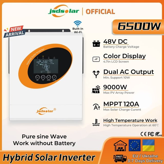 jsdsolar Hybrid-Solar-Wechselrichter 6,5KW 48V mit WLAN-Monitor, MPPT 120A, 9000W PV, Reine Sinuswelle, On/Off-Grid, 230VAC - Bild 1
