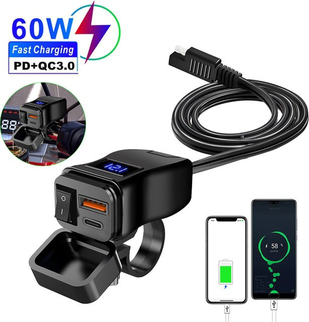 Pd qc 3.0 Motorrad USB Schnellladegerät 60W mit Dual USB Steckdose, Voltmeter und Schalter, Schwarz, Wasserdicht, 12V Adapter - Bild 1