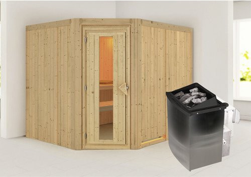 Karibu Sauna Haaspsalu aus Fichtenholz in Beige für 4 Personen inklusive 9 kW Saunaofen mit integrierter Steuerung, B/T/H: 231 x 198 x 196 cm - Bild 1