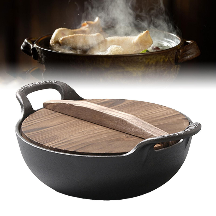 aimo Gusseisen Wok unbeschichtet in Schwarz mit Holzdeckel und Dual-Griff für Induktionskochfelder - Bild 3