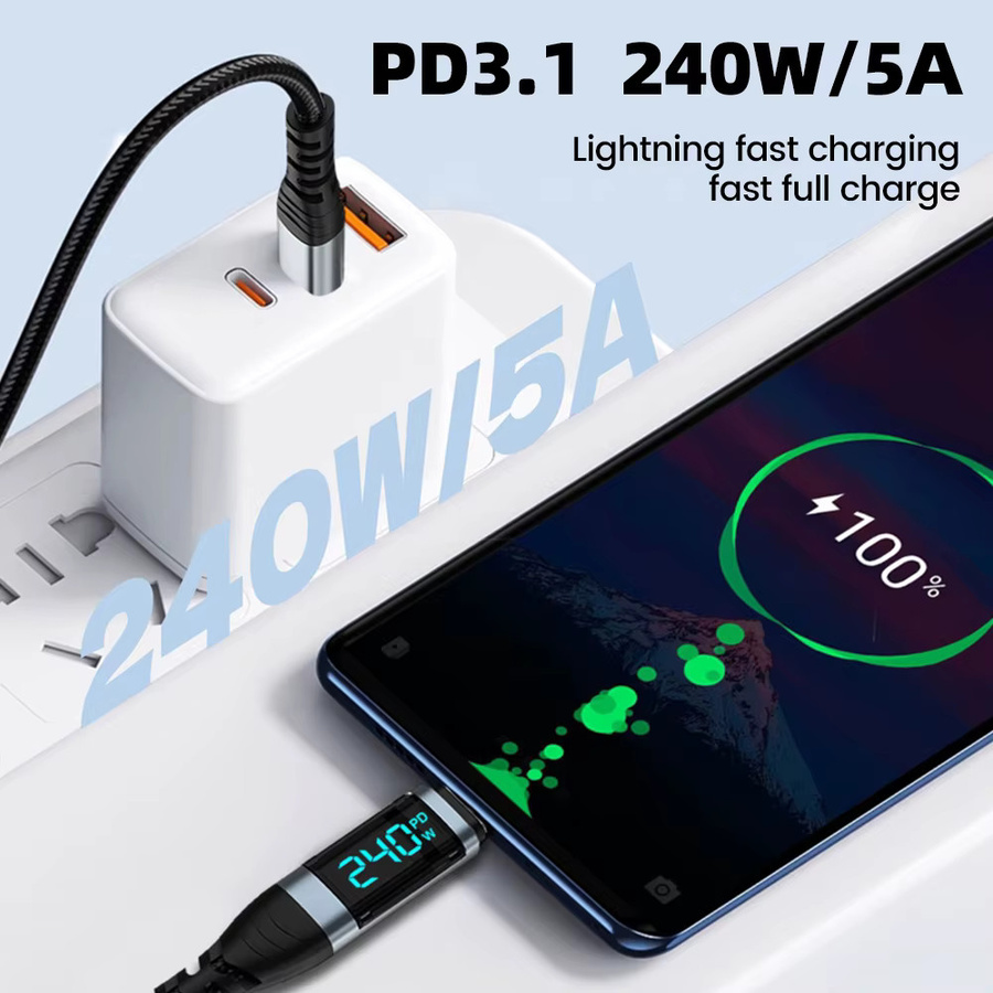 NNBILI USB-C zu USB-C Schnellladekabel mit digitalem Display, 240W Datenkabel in Schwarz für iPhone 16 17 Pro, Huawei, iPad und Laptop - Bild 5