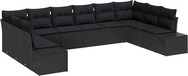 vidaXL Garten-Sofa-Set in U-Form aus Poly-Rattan und Stahl mit Kissen, 10-teilig, Schwarz - Bild 1
